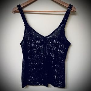 Black Sequin Tank NWT V-neck Sheer Sleeveless Top L (Juniors)